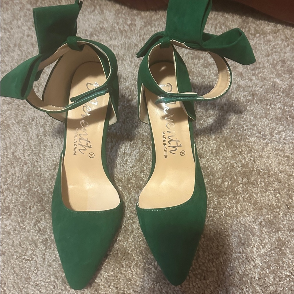 Green Suede Heels with Bow